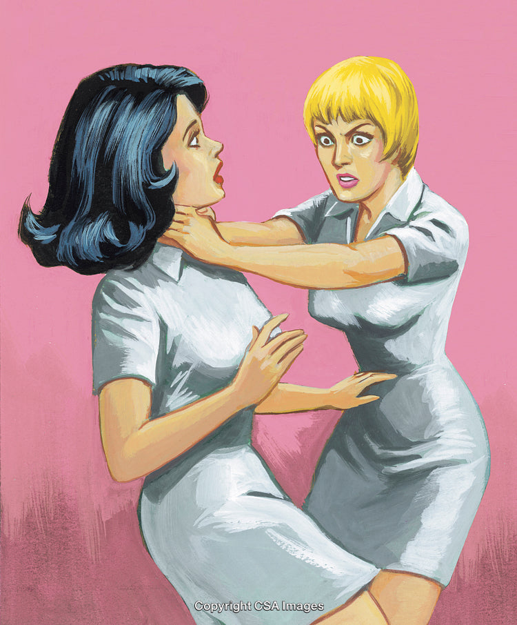 Illustration of Two Women in Conflict on a Vibrant Pink Background