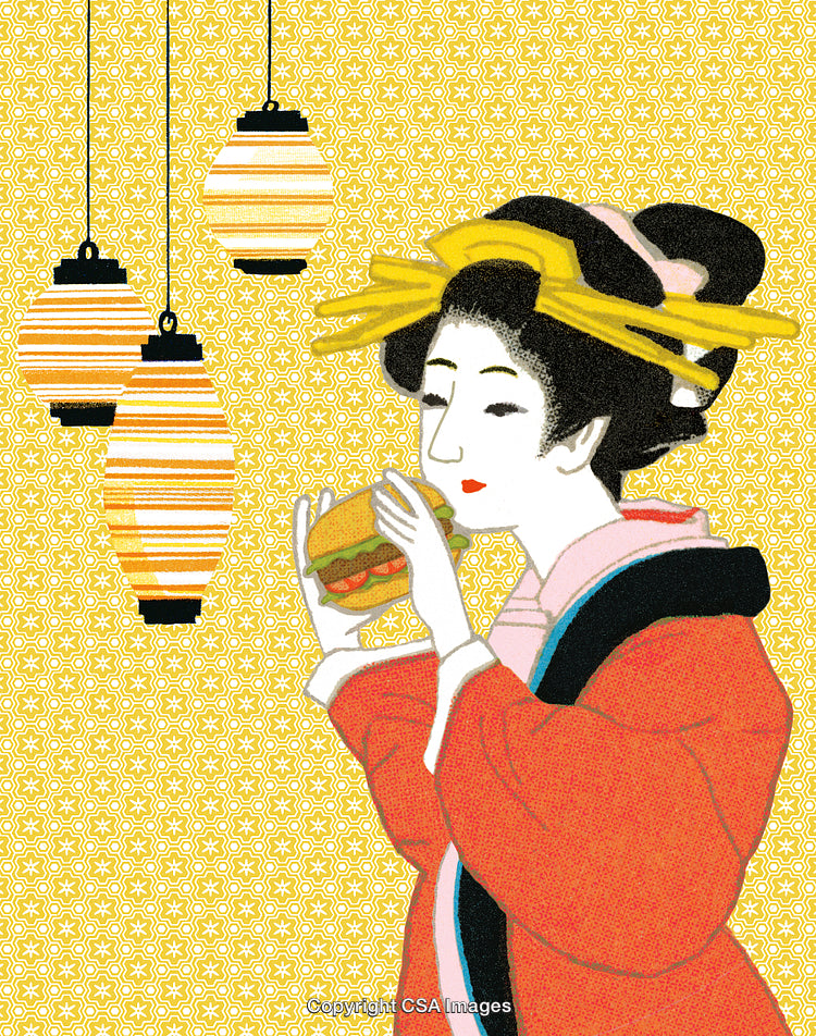 Traditional Geisha Enjoying Modern Fast Food Amid Paper Lanterns