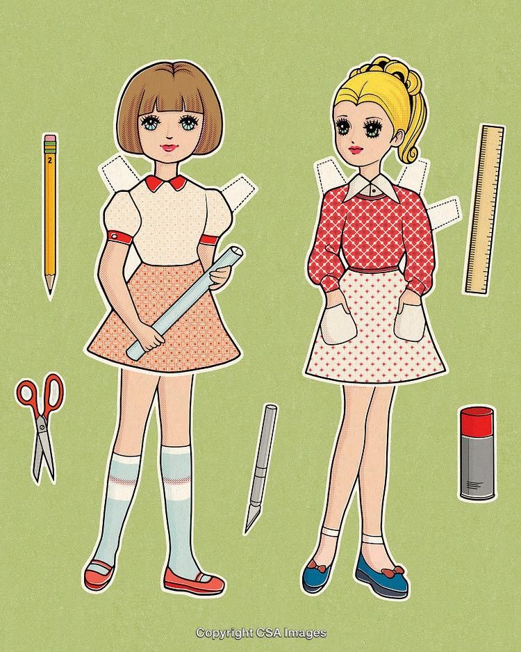 Vintage Cut-Out Paper Dolls with School Supplies on Green Background