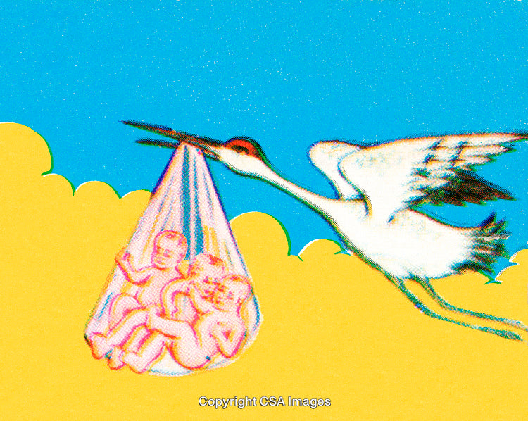 Stork Delivering Babies in a Sack Against Bright Blue and Yellow Sky