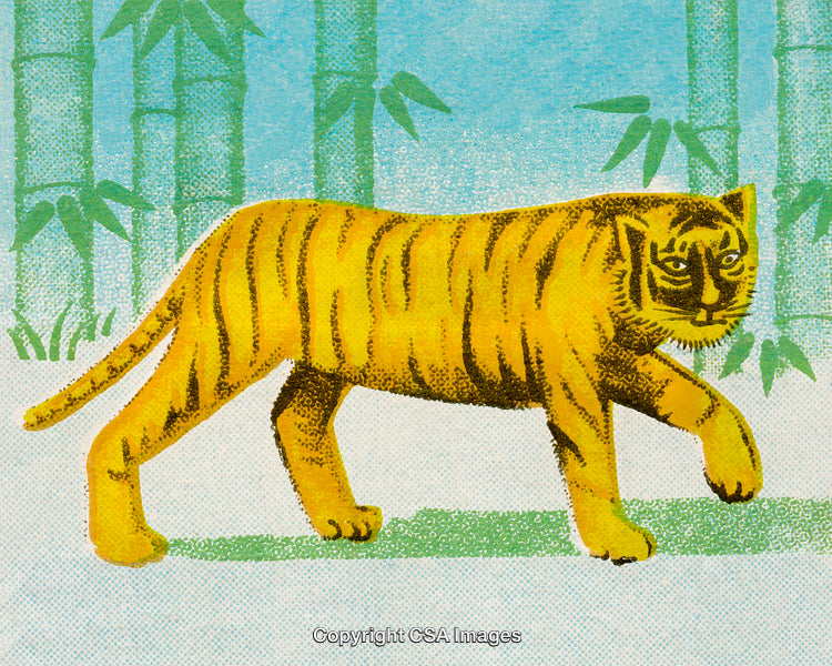 Illustrated Tiger in a Bamboo Forest Background in Vibrant Yellow and Green