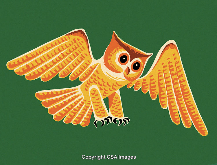 Vibrant Illustration of an Owl in Flight Against Green Background