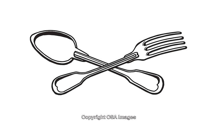 Black and White Illustration of Crossed Fork and Spoon Utensils