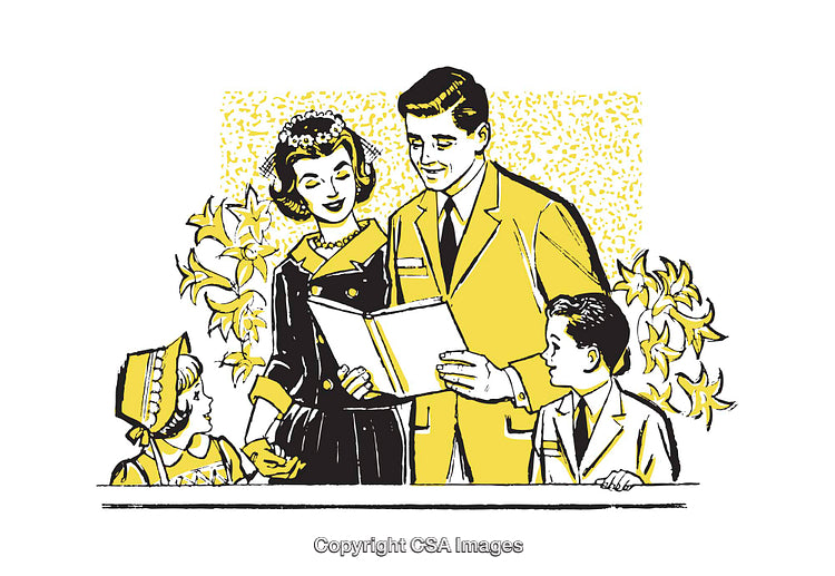 Vintage Illustration of a Family Reading Together in a Retro Style