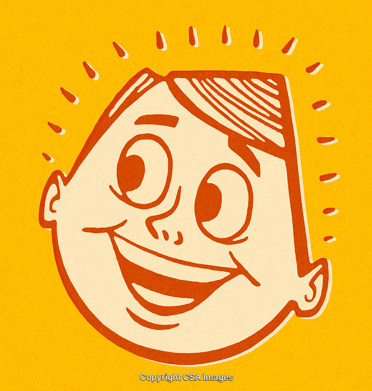 Retro Illustration of a Smiling Cartoon Boy on Yellow Background