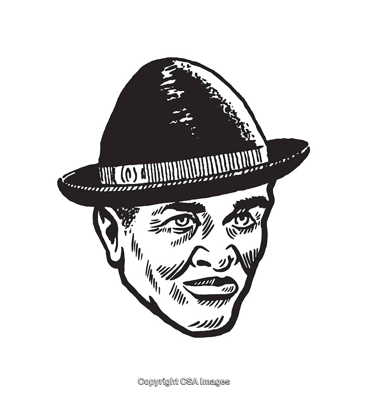 Black and White Line Art Illustration of a Man in a Fedora Hat