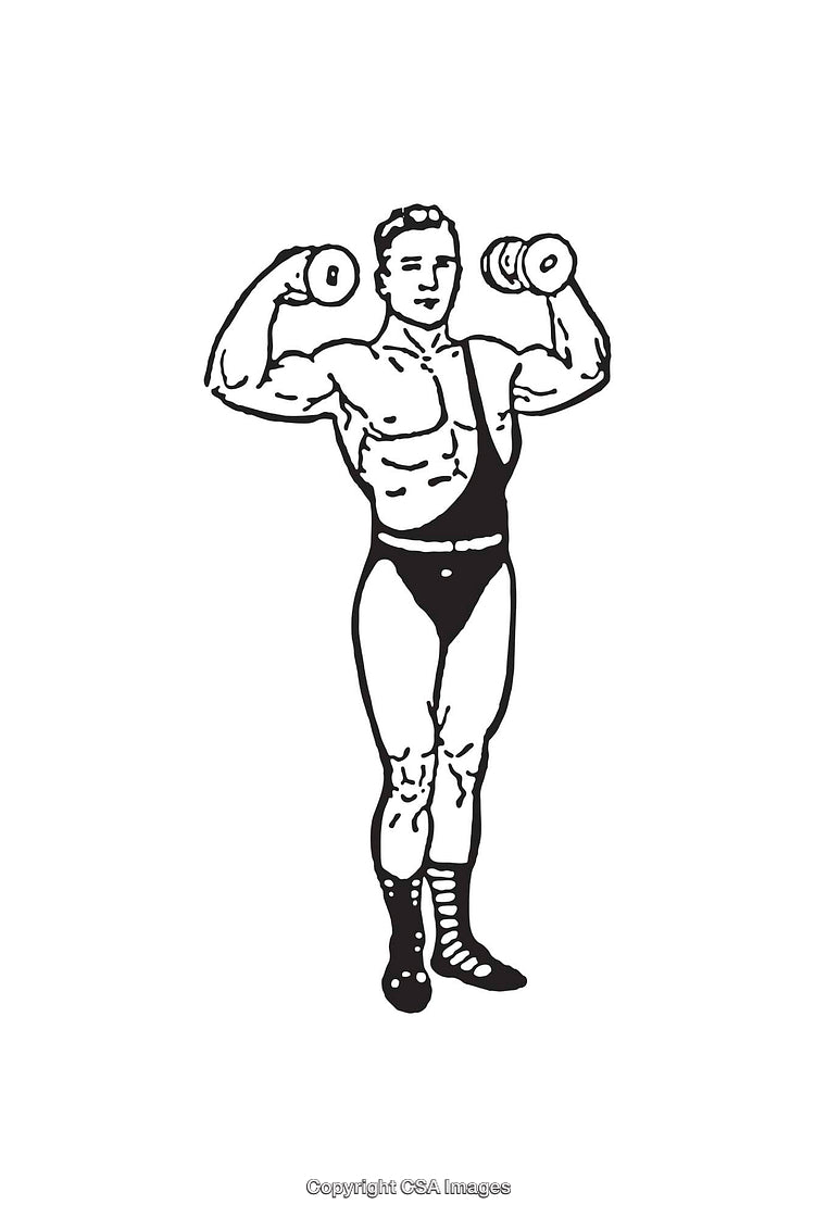 Vintage Line Art of a Male Bodybuilder Holding Dumbbells