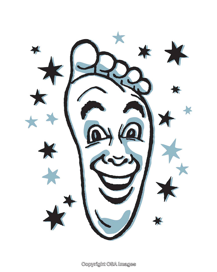 Whimsical Smiling Foot Illustration Surrounded by Playful Stars and Colors