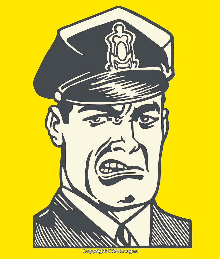 Cartoon Police Officer Showing a Disapproving Expression on Yellow Background