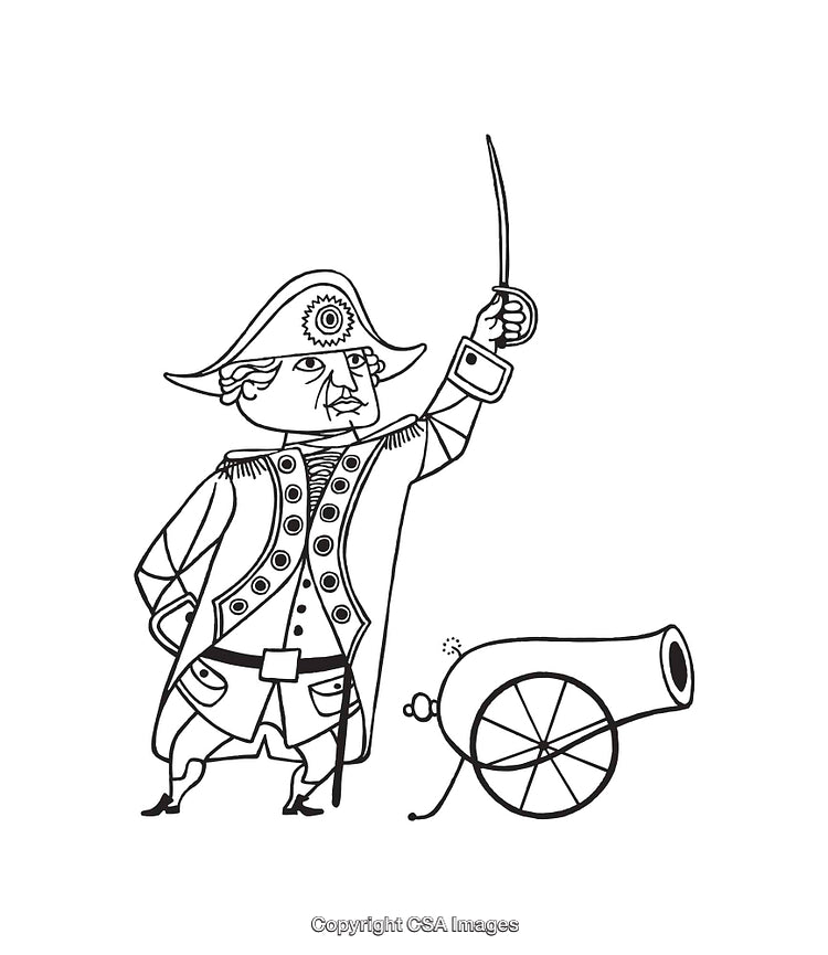 Cartoon Line Art of a Historical General and Cannon