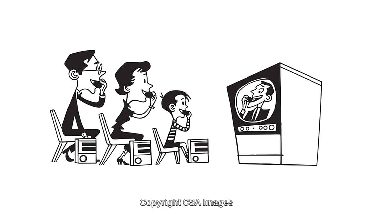 Retro Family Watching Television in a Vintage Black and White Style