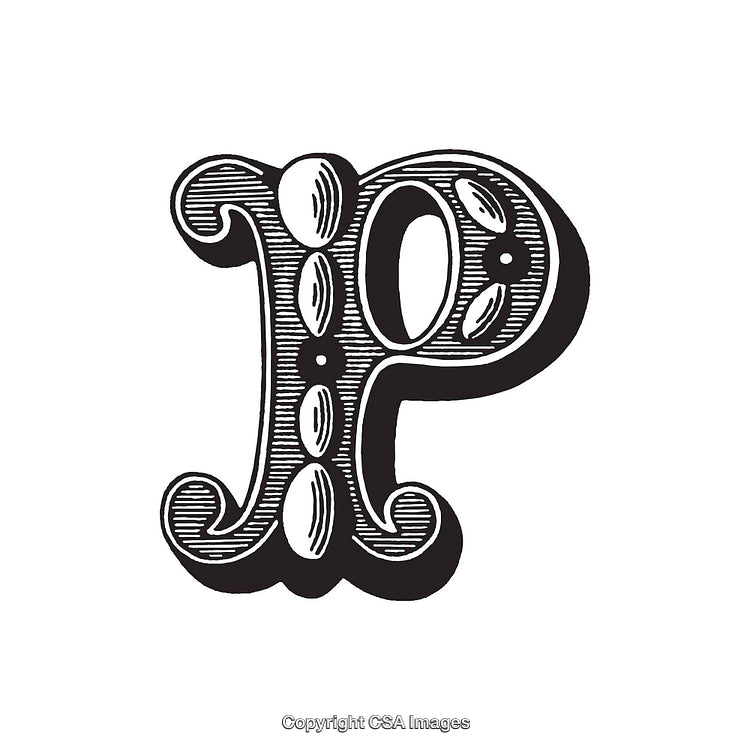 Intricate Ornamental Letter P with Decorative Floral Elements in Black and White