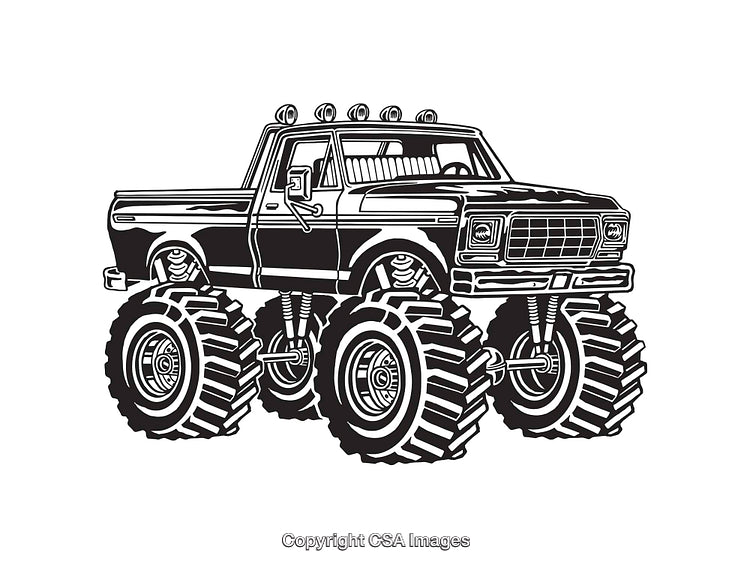 Black and White Illustration of a Monster Truck with Oversized Tires
