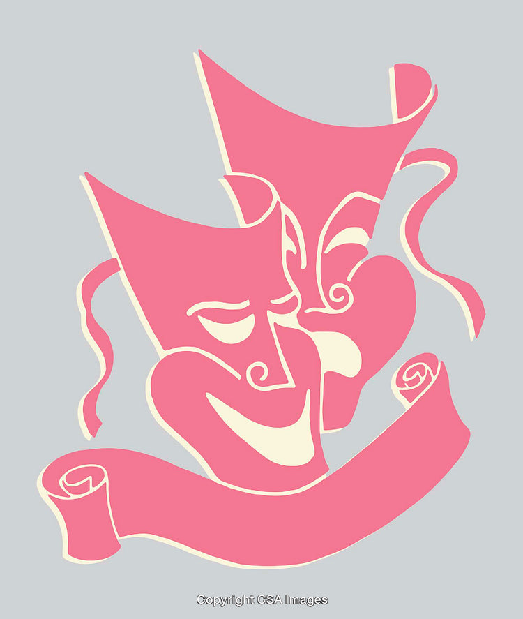 Pink Comedy and Tragedy Mask Symbols with Decorative Banner