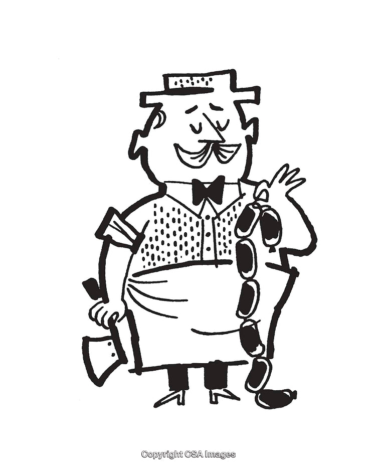 Charming Black and White Illustration of a Butcher Holding Sausage Links