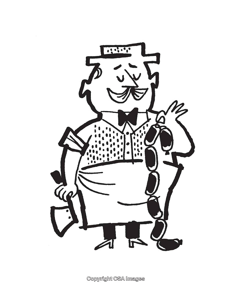 Charming Black and White Illustration of a Butcher Holding Sausage Links