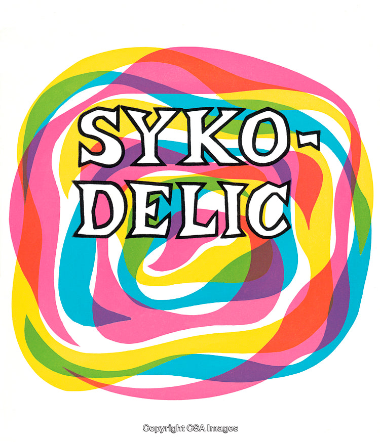 Colorful Psychedelic Poster with Swirling Rainbow Patterns and Retro Typography