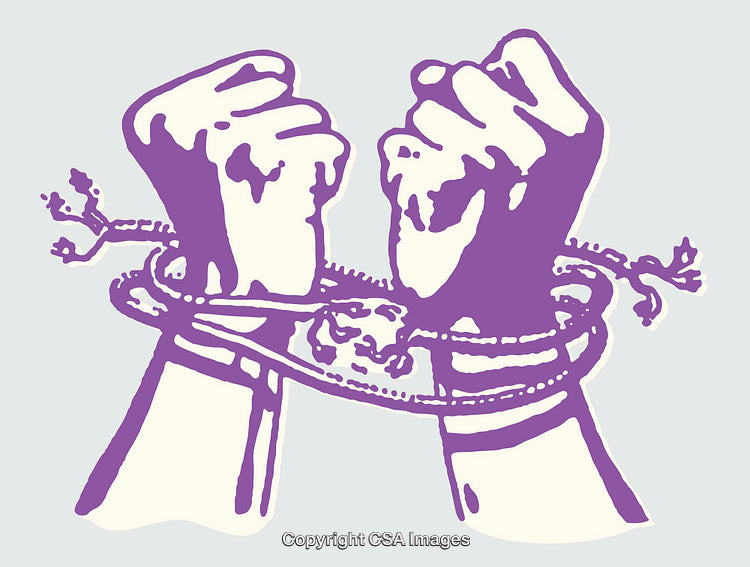 Illustrated Hands Breaking Free From Shackles In Bold Purple Line Art
