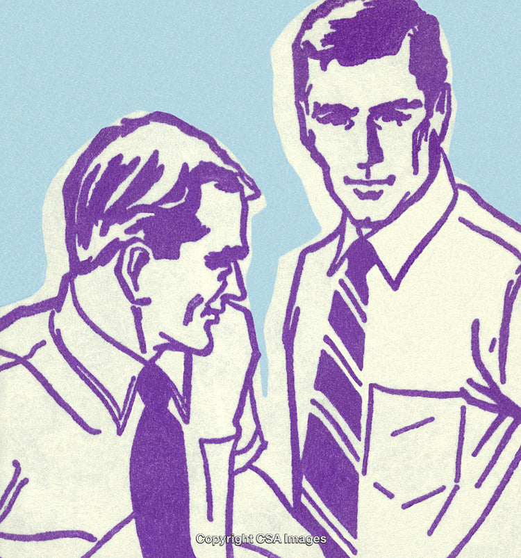 Vintage Illustration of Two Men in Business Attire Engaged in Discussion