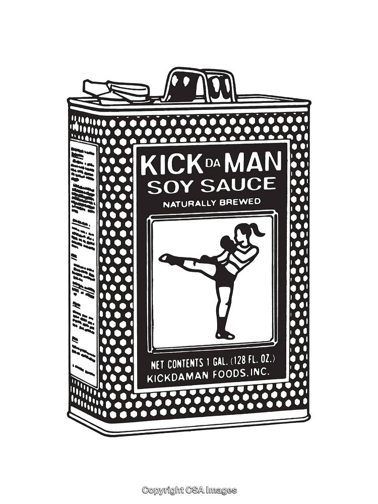 Black and White Illustration of a Soy Sauce Can with Creative Label Design