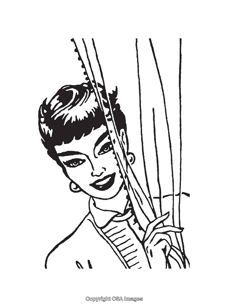 Vintage Line Art Illustration of Woman Peeking Behind Curtains