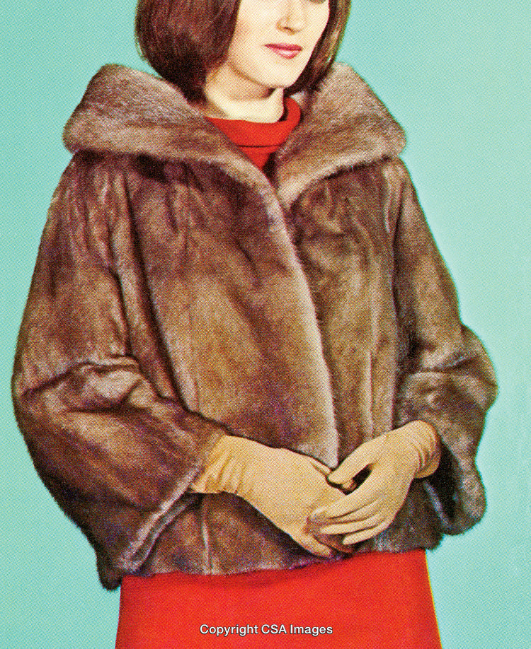 Vintage Portrait of Woman in Elegant Fur Coat and Gloves