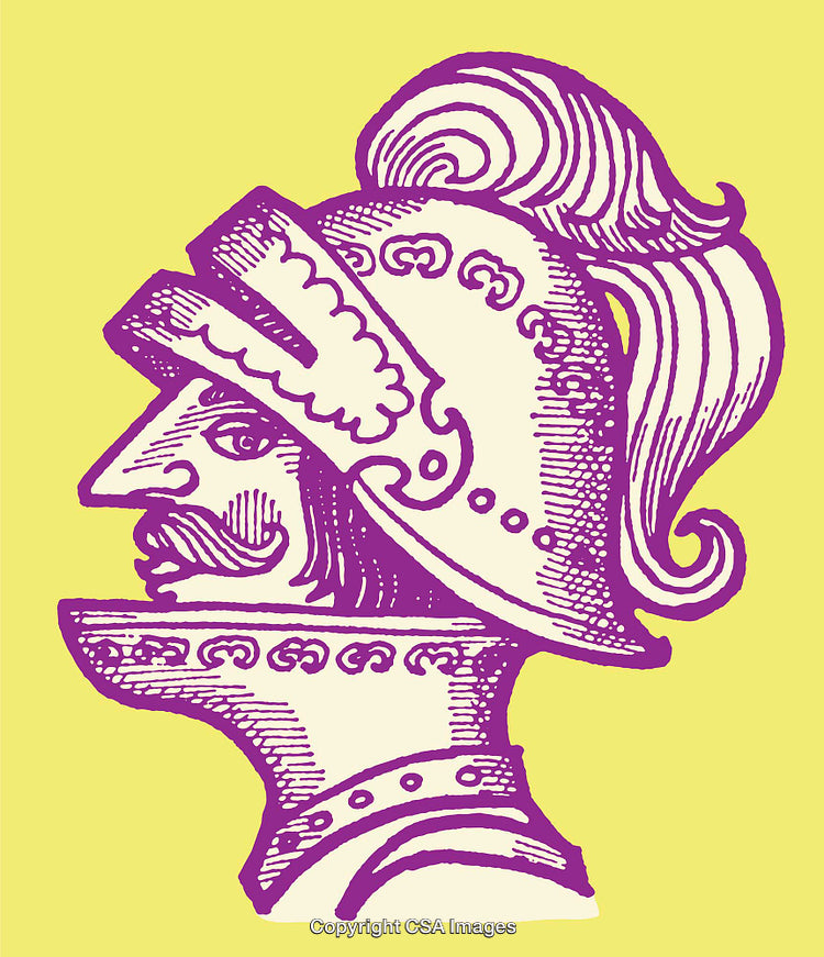 Colorful Line Art Illustration of a Knight Helmet in Profile View