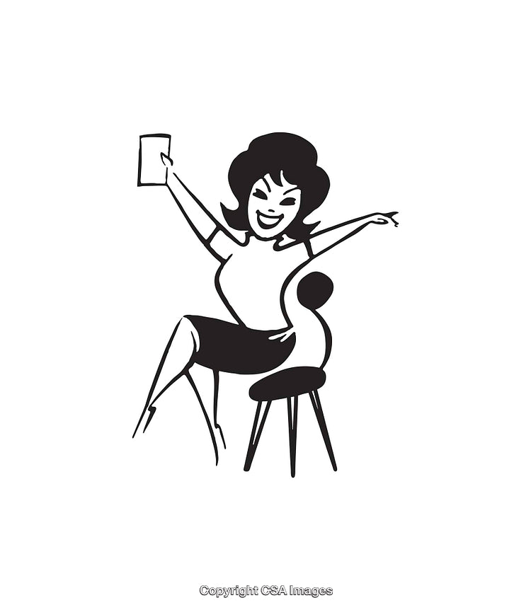 Cheerful Woman Celebrating Joyfully in Retro-Style Black and White Illustration