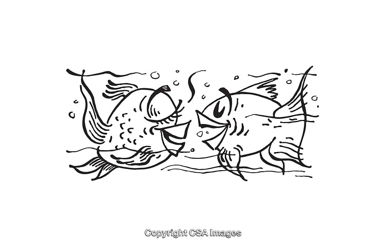 Black And White Line Art Illustration of Cartoon Fish Interaction