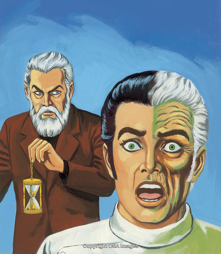Dramatic Scene with Hourglass and Aging Transformation Depicted