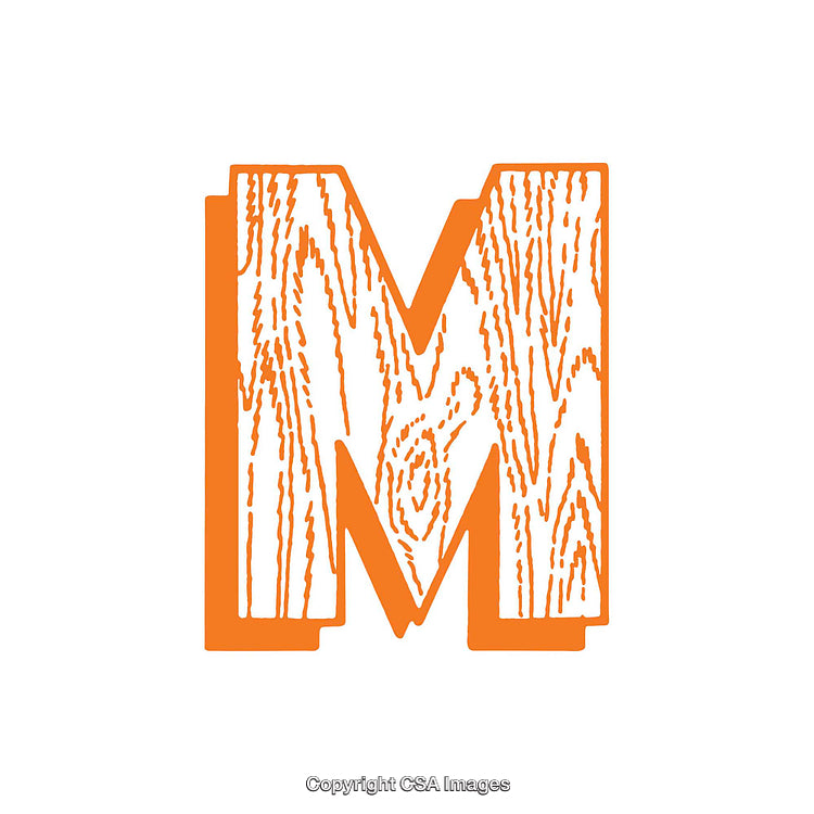 Stylized Letter M with Wood Grain Texture in Orange Color