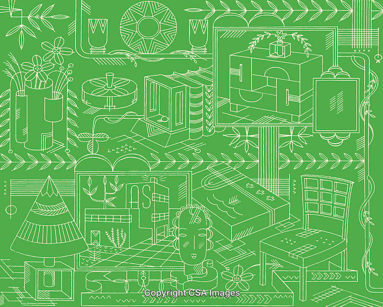 Green Line Art Illustration of Furniture and Decor Elements