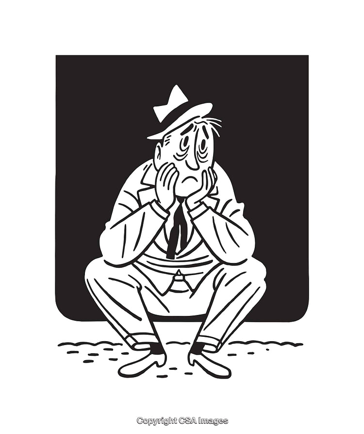 Retro Style Illustration of a Pensive Man in Black and White Line Art