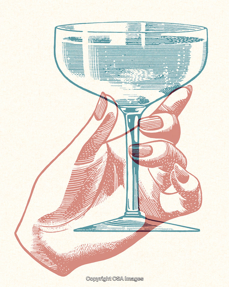 Elegant Hand Holding a Champagne Glass in Vintage Engraved Illustration Style