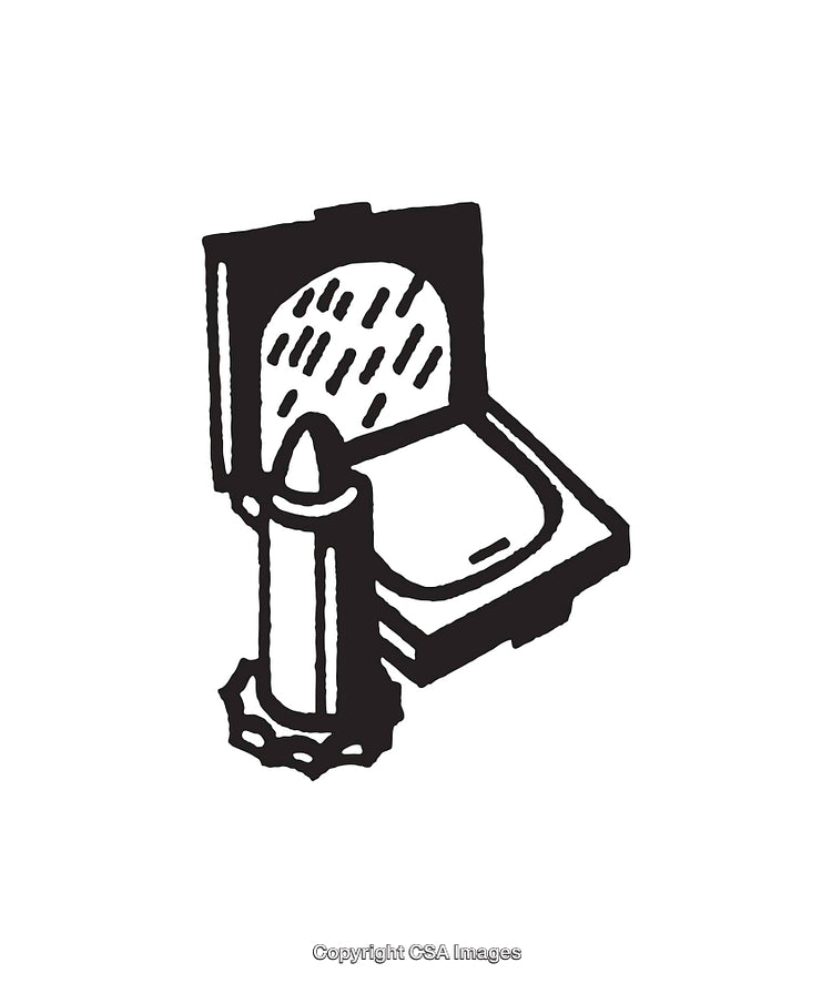 Black and White Illustration of Makeup Items with Lipstick and Compact