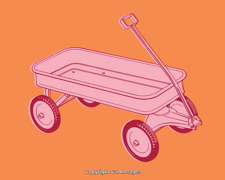 Illustrated Red Wagon on Orange Background in Cute Retro Style