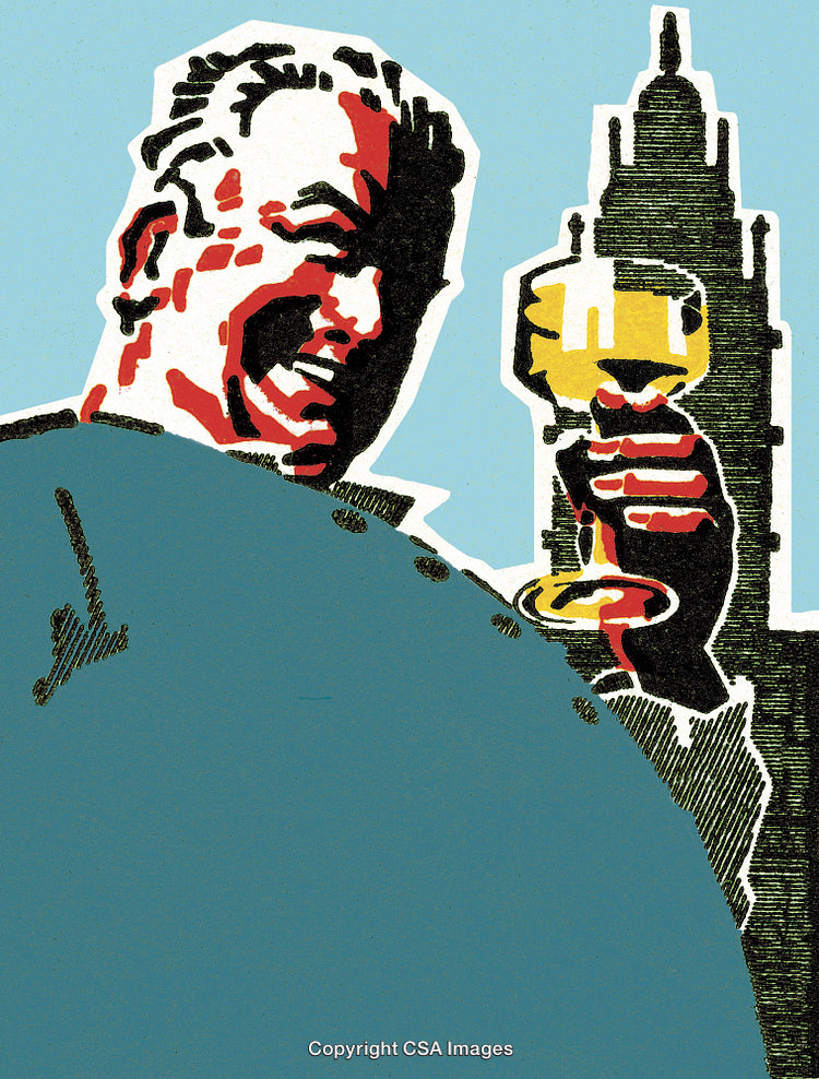 Vintage Artwork Depicting a Cheerful Man Enjoying a Drink with a Tower Backdrop
