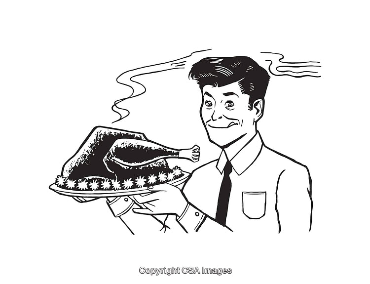 Vintage Style Black and White Illustration of a Man Holding a Roasted Turkey