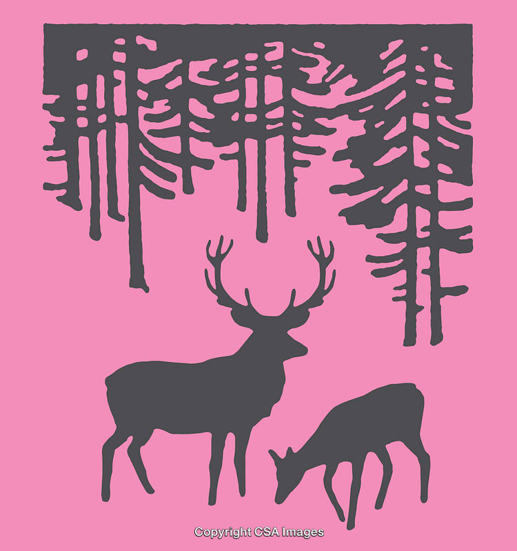 Silhouette Illustration of Deer in a Forest Setting With Pink Background