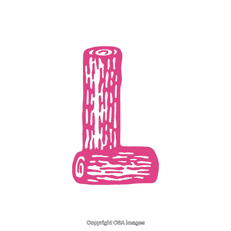 Pink Illustrated Letter L with Wood Texture Design on White Background