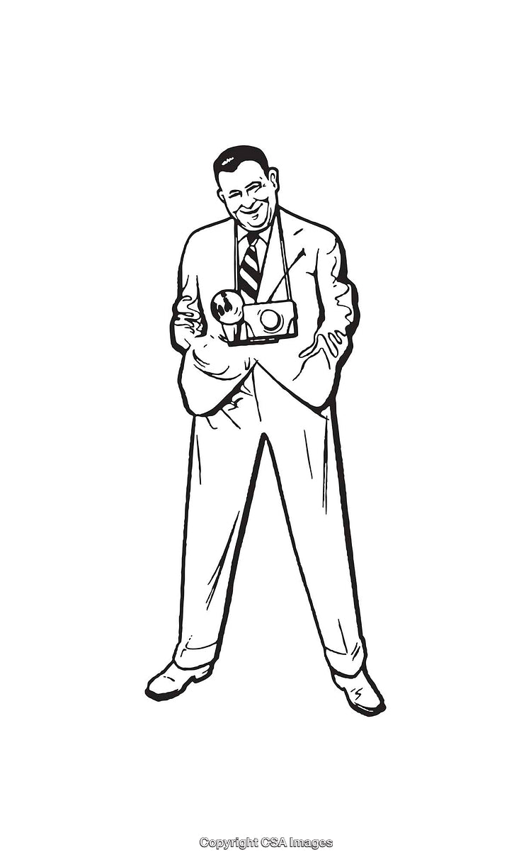 Black and White Line Art of a Man Holding a Vintage Camera