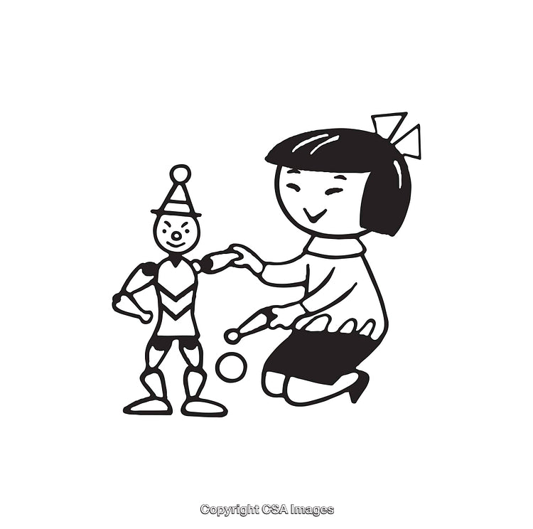 Black and White Illustration of a Girl Playing with a Puppet Clown