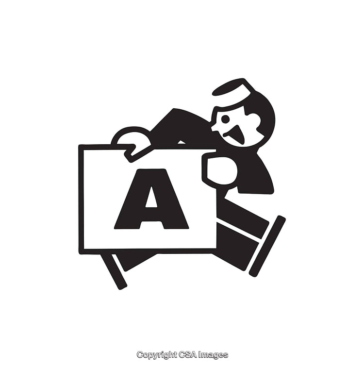 Black and White Illustration of Man Holding Alphabet Letter Sign