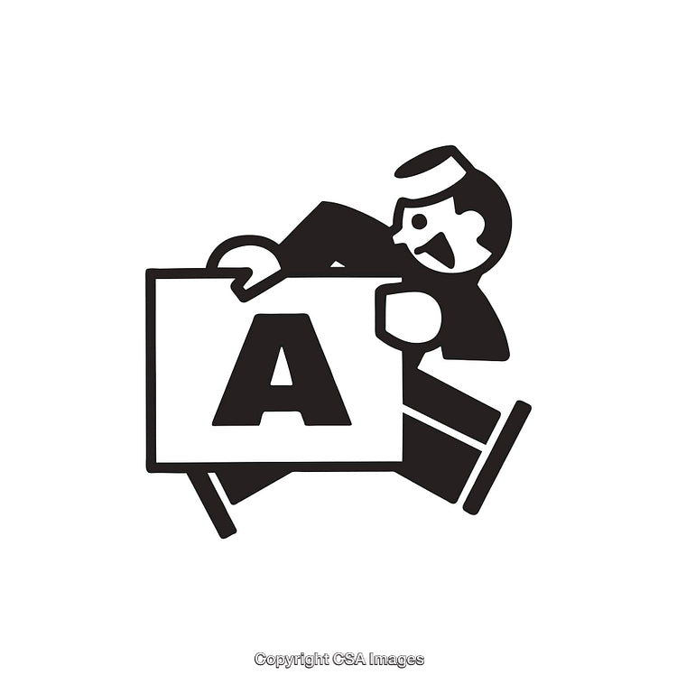 Black and White Illustration of Man Holding Alphabet Letter Sign