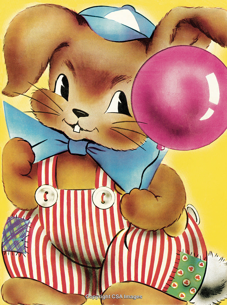 Adorable Illustrated Rabbit in Overalls Holding a Balloon Against Yellow Backdrop