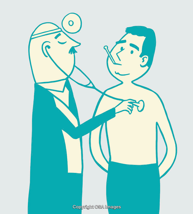 Cartoon Style Doctor Performing Checkup on Patient with Thermometer