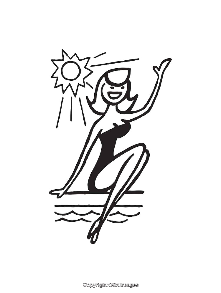 Retro Style Woman Sunbathing in Black and White Line Art Illustration