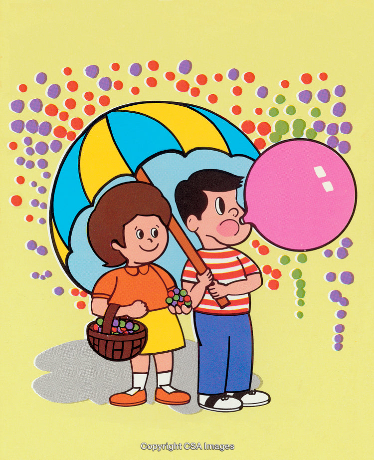 Children Enjoying Fun Activities with Bubble Gum and Colorful Umbrella