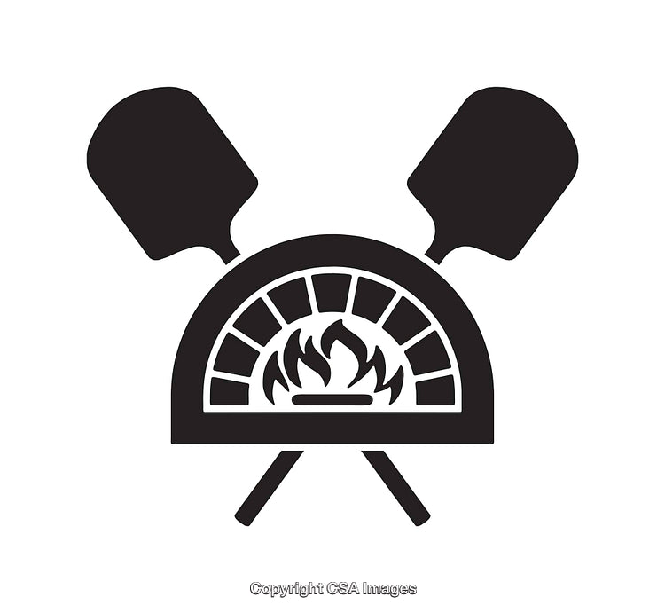Black and White Wood-Fired Pizza Oven Illustration with Tools