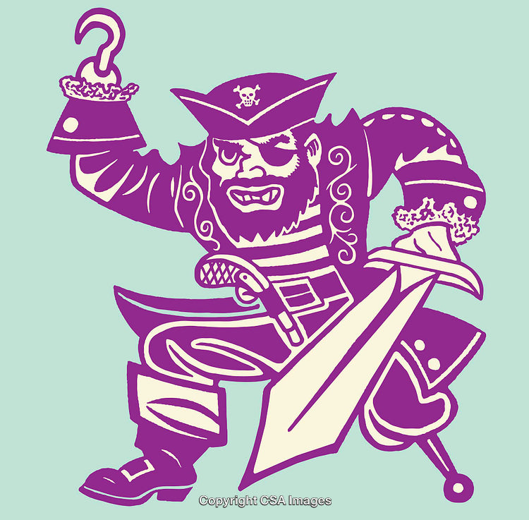 Vivid Illustration of a Cartoon Pirate with a Hook Hand and Sword
